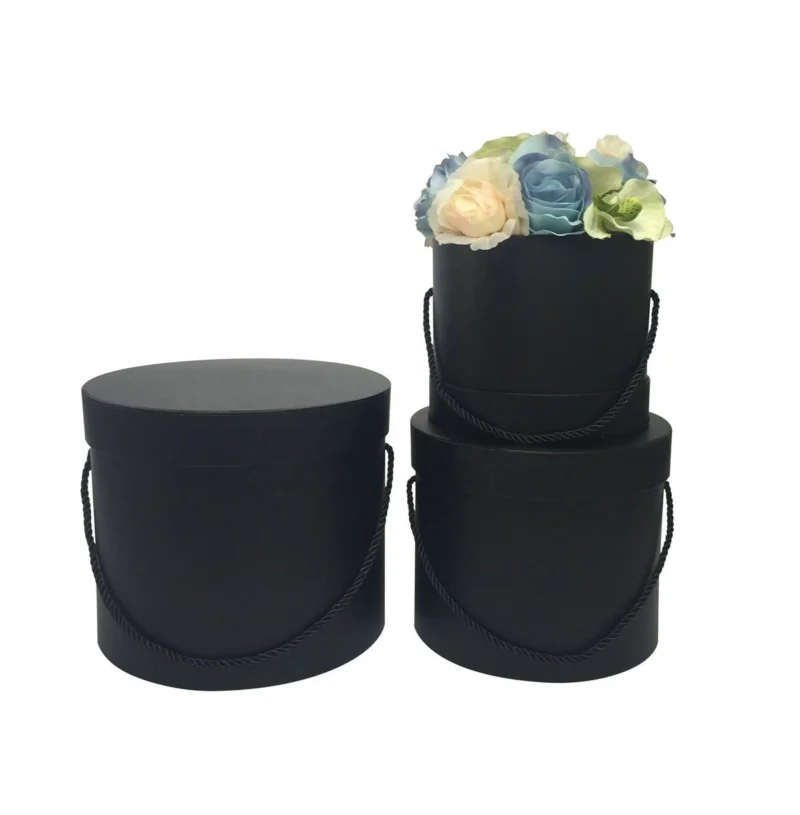 Set 3 cutii rotunde carton rigid cu mâner șnur – Negru