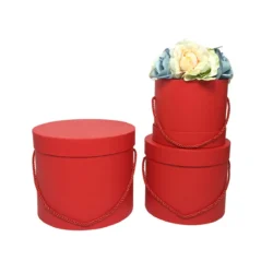 Set 3 cutii rotunde carton rigid cu mâner șnur – Roșu