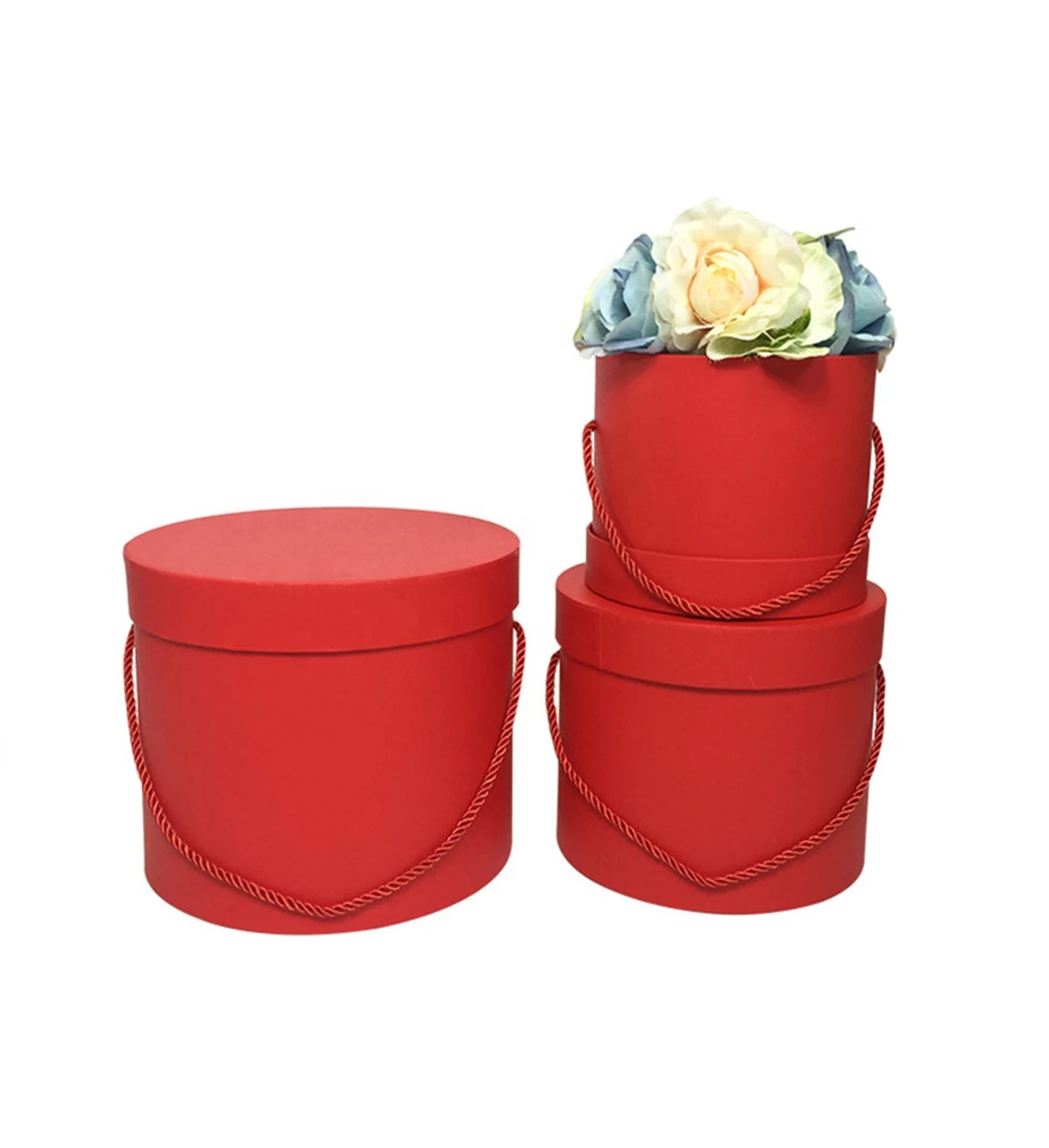 Set 3 cutii rotunde carton rigid cu mâner șnur – Roșu