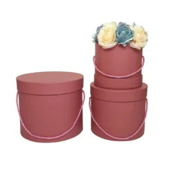 Set 3 cutii rotunde carton rigid cu mâner șnur – Roz