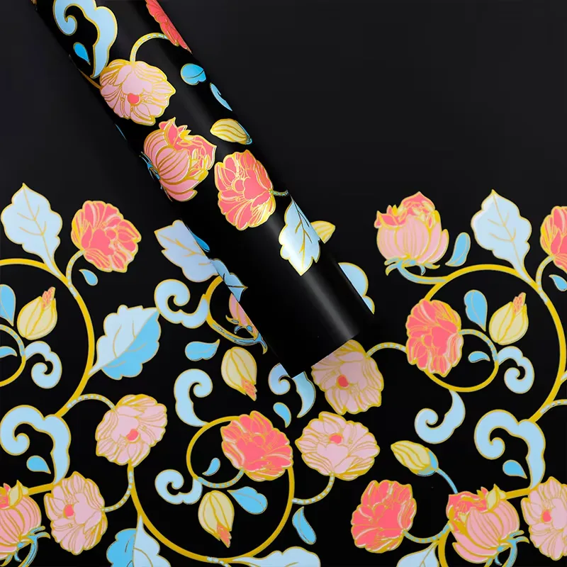 amb-floral-20-negru Ambalaj cu imprimeu floral auriu pentru buchete (set 20 coli)